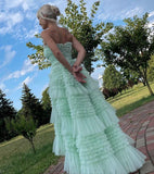 Ndyad Mint Green Strapless Tulle Layered Party Dresses A-Line Prom Dresses HZ1024
