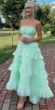 Ndyad Mint Green Strapless Tulle Layered Party Dresses A-Line Prom Dresses HZ1024
