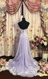 Ndyad Purple Strapless Beaded Tulle A-Line Long Prom Dresses HZ1024
