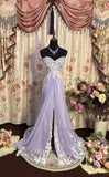 Ndyad Purple Strapless Beaded Tulle A-Line Long Prom Dresses HZ1024