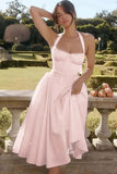 Ndyad Pink A-Line Halter Satin Cocktail Prom Dresses Simple Party Dresses HZ1024