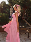 Ndyad Pink Spaghetti Strap A-line Bridesmaid Dress Chiffon Party Dress HZ1024