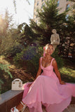 Ndyad Pink Spaghetti Strap A-line Bridesmaid Dress Chiffon Party Dress HZ1024