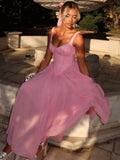 Ndyad Pink Spaghetti Strap A-line Bridesmaid Dress Chiffon Party Dress HZ1024
