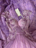 Ndyad Purple Chiffon Applique Sweetheart A-Line Long Prom Dresses Formal Evening Gown HZ1024