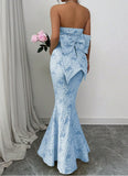 Ndyad Blue Mermaid Guest DressesStrapless Jacquard Satin Formal Evening Dress Gorgeous Prom Dress HZ1024