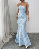 Ndyad Blue Mermaid Guest DressesStrapless Jacquard Satin Formal Evening Dress Gorgeous Prom Dress HZ1024