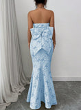 Ndyad Blue Mermaid Guest DressesStrapless Jacquard Satin Formal Evening Dress Gorgeous Prom Dress HZ1024
