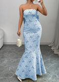 Ndyad Blue Mermaid Guest DressesStrapless Jacquard Satin Formal Evening Dress Gorgeous Prom Dress HZ1024