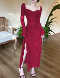 Ndyad Purple Square Neck Chiffon Long Sleeve Bodycon Party Dresses HZ1024