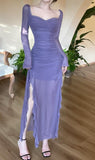 Ndyad Purple Square Neck Chiffon Long Sleeve Bodycon Party Dresses HZ1024