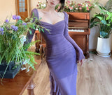 Ndyad Purple Square Neck Chiffon Long Sleeve Bodycon Party Dresses HZ1024