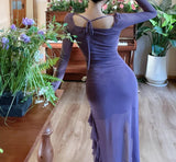 Ndyad Purple Square Neck Chiffon Long Sleeve Bodycon Party Dresses HZ1024