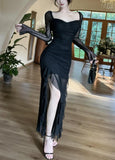 Ndyad Purple Square Neck Chiffon Long Sleeve Bodycon Party Dresses HZ1024