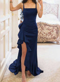 Ndyad Blue Elegant Spaghetti Straps Party Dress Sheath Satin Evening Dress with Slits HZ1024