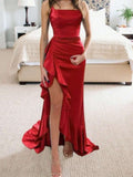 Ndyad Blue Elegant Spaghetti Straps Party Dress Sheath Satin Evening Dress with Slits HZ1024
