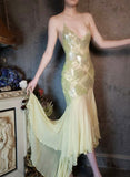 Ndyad Deep V Spaghetti Straps Sequined Sheath Prom Dresses Elegant Chiffon Backless Evening HZ1024