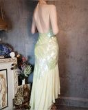 Ndyad Deep V Spaghetti Straps Sequined Sheath Prom Dresses Elegant Chiffon Backless Evening HZ1024
