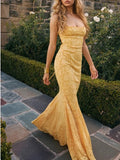 Evafashion Yellow Mermaid Spaghetti Straps Prom Dresses Lace Applique Open Back Evening Dress HZ1024