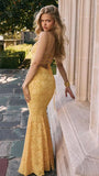 Evafashion Yellow Mermaid Spaghetti Straps Prom Dresses Lace Applique Open Back Evening Dress HZ1024