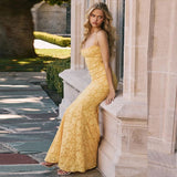 Evafashion Yellow Mermaid Spaghetti Straps Prom Dresses Lace Applique Open Back Evening Dress HZ1024