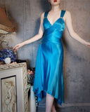 Ndyad Blue Satin V Neck Sheath Prom Dresses Backless Party Dress HZ1024