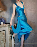 Ndyad Blue Satin V Neck Sheath Prom Dresses Backless Party Dress HZ1024