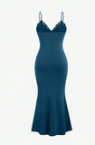 Ndyad Teal Spaghetti Straps Mermaid Evening Dress Satin Lace Short Party Dress HZ1024