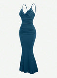 Ndyad Teal Spaghetti Straps Mermaid Evening Dress Satin Lace Short Party Dress HZ1024