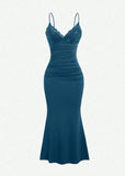 Ndyad Teal Spaghetti Straps Mermaid Evening Dress Satin Lace Short Party Dress HZ1024