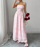 Ndyad Pink Strapless Jacquard Bridesmaid Dress A-Line Backless Evening Dress HZ1024