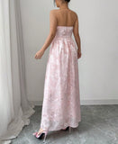 Ndyad Pink Strapless Jacquard Bridesmaid Dress A-Line Backless Evening Dress HZ1024