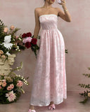 Ndyad Pink Strapless Jacquard Bridesmaid Dress A-Line Backless Evening Dress HZ1024