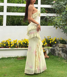 Evafashion Yellow V-Neck Sheath Chiffon Ruffle Spaghetti Straps Party Dress HZ1024