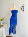 Ndyad Royal Blue Lace Bodycon Short Party Dress Strapless Backless Evening Dress HZ1024