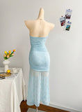 Ndyad Royal Blue Lace Bodycon Short Party Dress Strapless Backless Evening Dress HZ1024