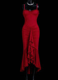 Ndyad Red Chiffon Spaghetti Straps Mermaid Party Dresses HZ1024