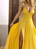 Evafashion Yellow Spaghetti Straps Satin A-Line Sleeveless Party Dresses with Slits HZ1024