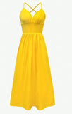 Evafashion Yellow Spaghetti Straps Satin A-Line Sleeveless Party Dresses with Slits HZ1024