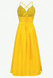 Evafashion Yellow Spaghetti Straps Satin A-Line Sleeveless Party Dresses with Slits HZ1024