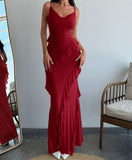 Ndyad Red Spaghetti Straps Mermaid Party Dress Chiffon Ruffle Evening Dress HZ1024