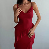 Ndyad Red Spaghetti Straps Mermaid Party Dress Chiffon Ruffle Evening Dress HZ1024
