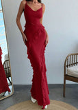 Ndyad Red Spaghetti Straps Mermaid Party Dress Chiffon Ruffle Evening Dress HZ1024