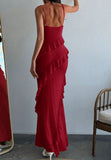 Ndyad Red Spaghetti Straps Mermaid Party Dress Chiffon Ruffle Evening Dress HZ1024