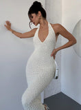 Ndyad Off-White Lace Halter Bodycon Evening Dress Backless Fashion Party Dress HZ1024