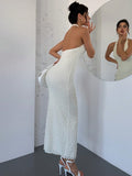Ndyad Off-White Lace Halter Bodycon Evening Dress Backless Fashion Party Dress HZ1024