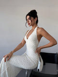 Ndyad Off-White Lace Halter Bodycon Evening Dress Backless Fashion Party Dress HZ1024
