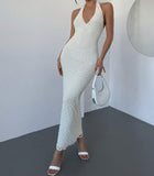 Ndyad Off-White Lace Halter Bodycon Evening Dress Backless Fashion Party Dress HZ1024