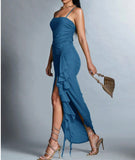 Ndyad Blue Spaghetti Strap Chiffon Party Dress Ruffle Evening Gowns with Slit HZ1024