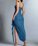 Ndyad Blue Spaghetti Strap Chiffon Party Dress Ruffle Evening Gowns with Slit HZ1024